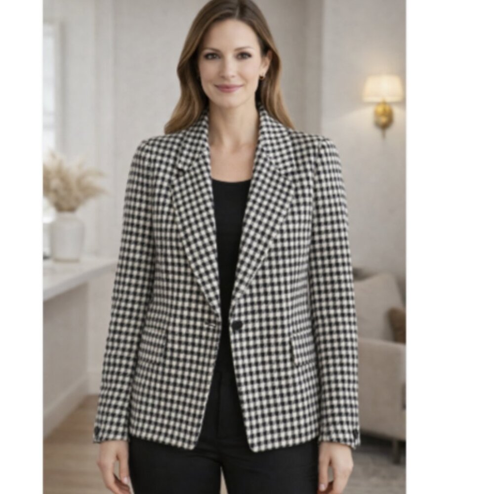 Jones New York Women Pure Wool Black White Houndstooth Blazer Sz 8 Vintage